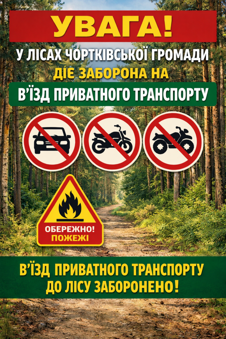 УВАГА! У ЛІСАХ ЧОРТКІВСЬКОЇ ГРОМАДИ ДІЄ ЗАБОРОНА НА В’ЇЗД ПРИВАТНОГО ТРАНСПОРТУ