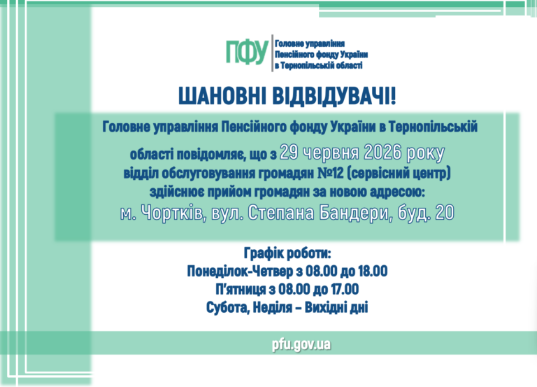 ОГОЛОШЕННЯ ГОЛОВНОГО УПРАВЛІННЯ ПЕНСІЙНОГО ФОНДУ УКРАЇНИ В ТЕРНОПІЛЬСЬКІЙ ОБЛАСТІ