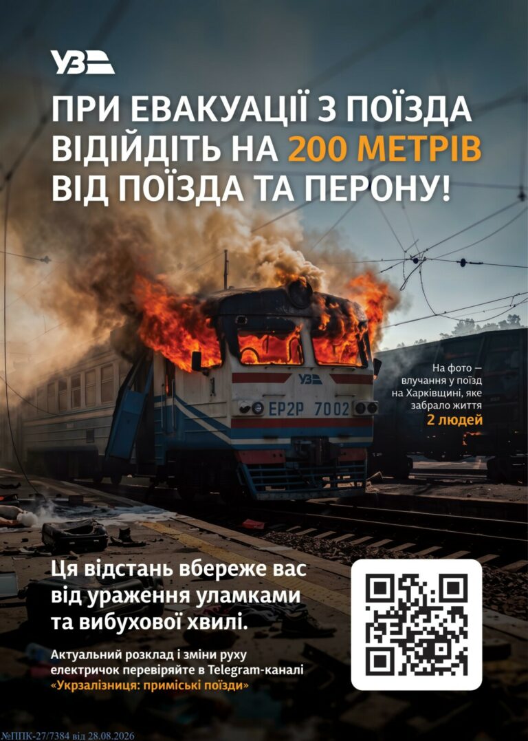 ПРИ ЕВАКУАЦІЇ З ПОЇЗДА ВІДІЙДІТЬ НА 200 МЕТРІВ ВІД ПОЇЗДА ТА ПЕРОНУ!